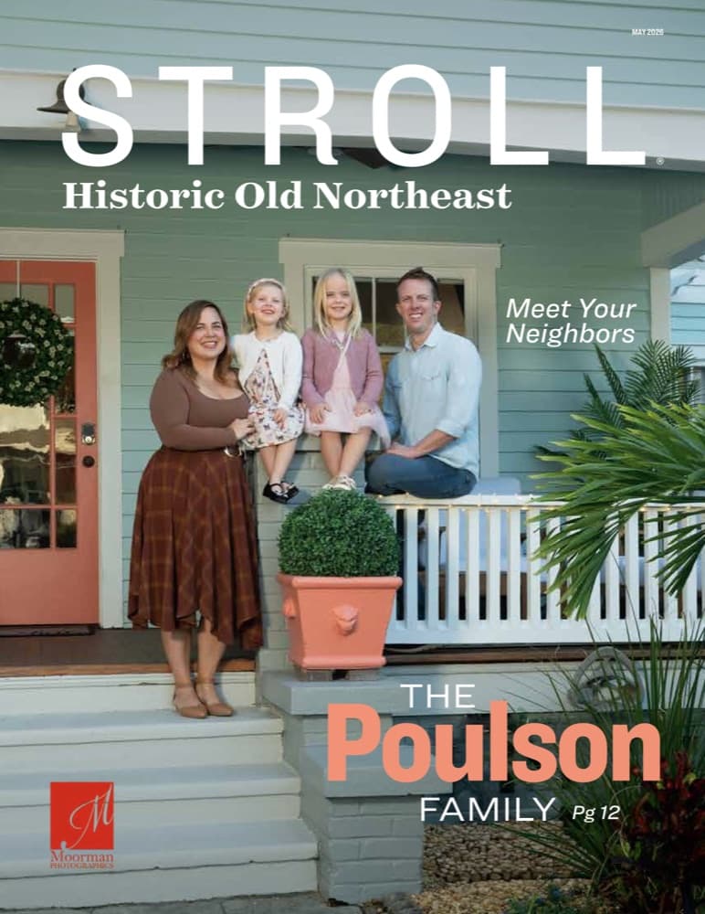 May 2026 cover of Stroll Historic Old Northeast featuring The Poulson Family on their craftsman porch