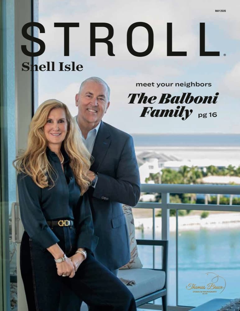 May 2026 cover of Stroll Snell Isle featuring The Balboni Family on a balcony overlooking Tampa Bay
