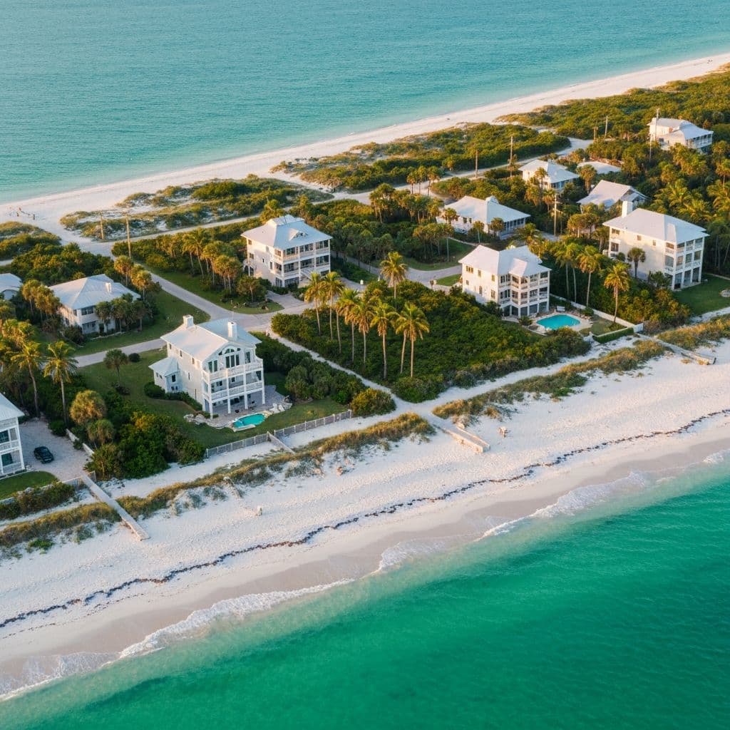 Aerial view of waterfront homes and turquoise Gulf water along the coast of Tierra Verde near Ft. De Soto, St. Petersburg