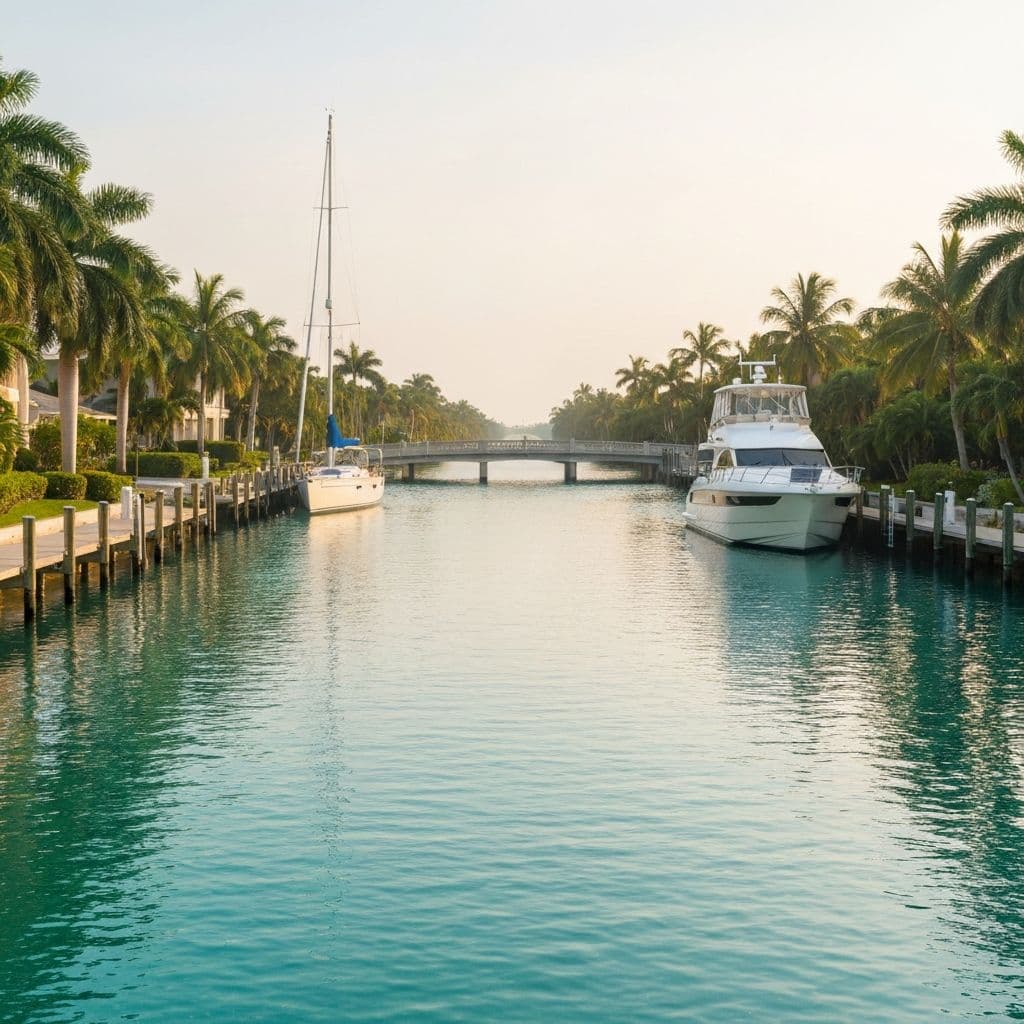 Sailboats moored in a deep-water canal lined with palm trees in Venetian Isles, St. Petersburg